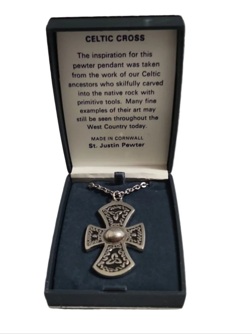 St. Justin Pewter Celtic Cross Pendant Necklace Vintage